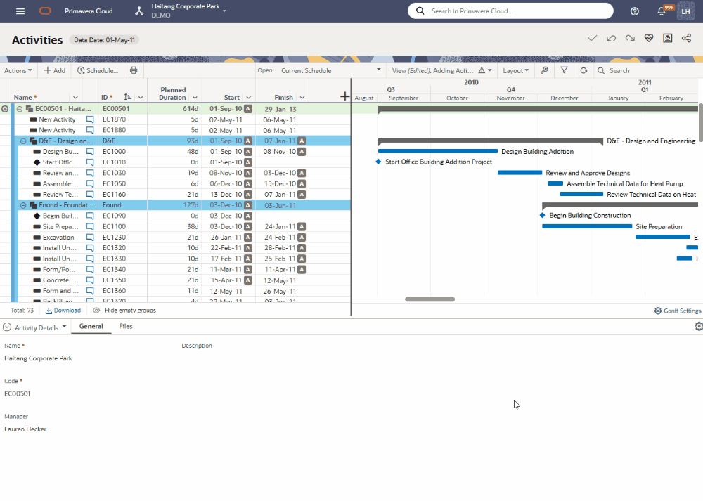 oracle primavera cloud gantt settings timescale