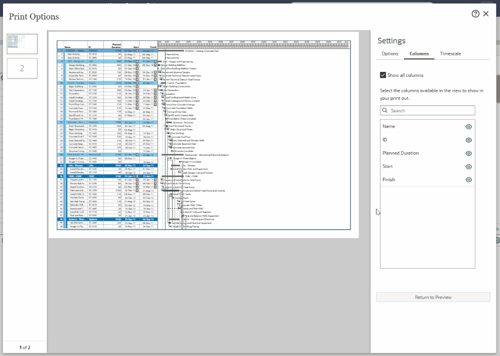 oracle primavera cloud opc print edit content timescale