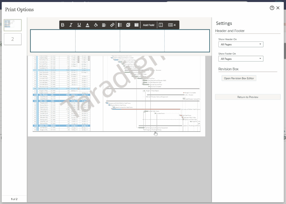 oracle primavera cloud opc print edit header footer settings