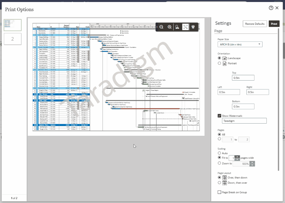 oracle primavera cloud opc print edit header footer