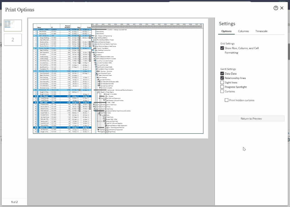 oracle primavera cloud print edit content columns