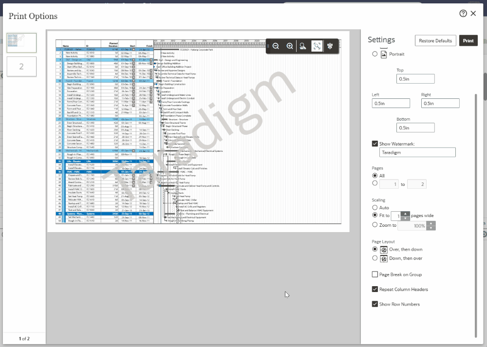 oracle primavera cloud print edit content options