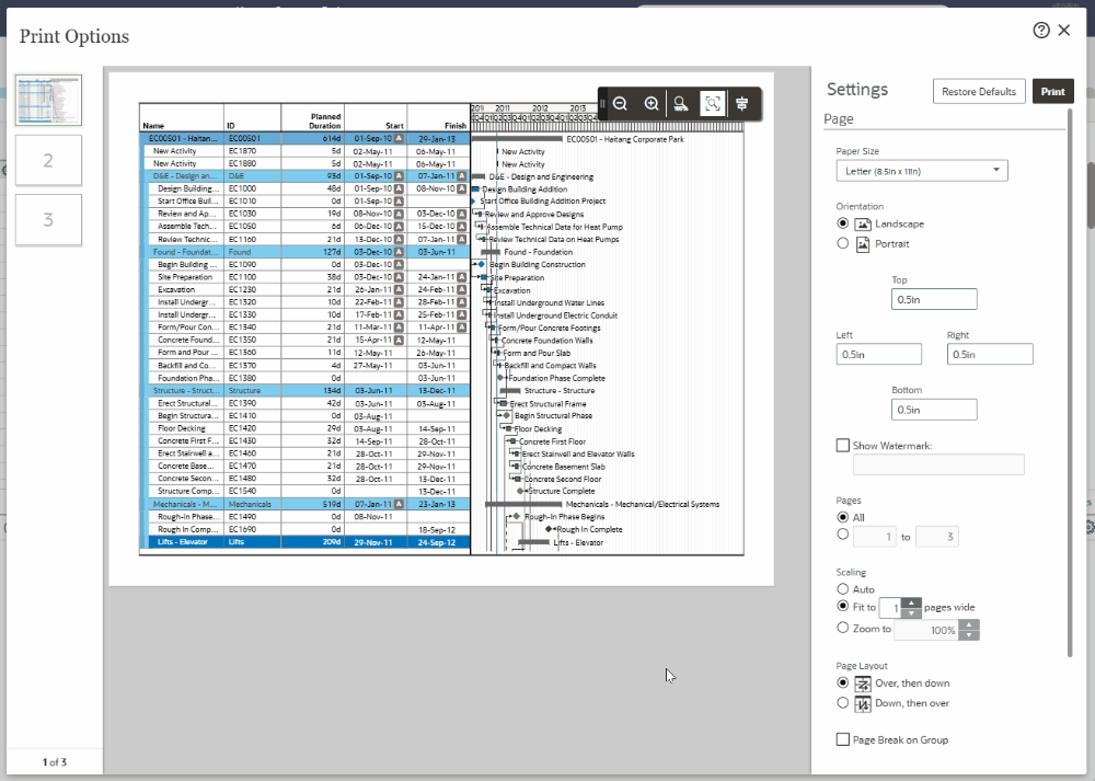 oracle primavera cloud print options settings