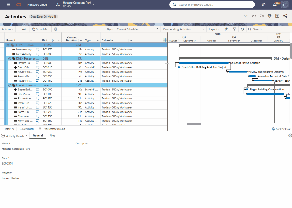 oracle primavera cloud project adjust columns